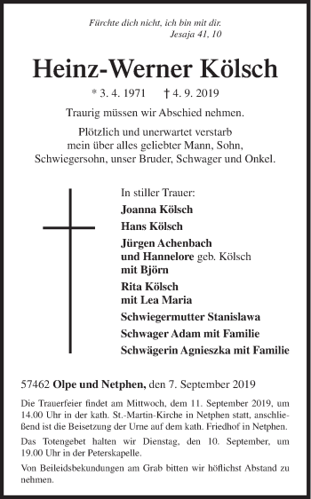 Traueranzeige von Heinz-Werner Kölsch von Siegener Zeitung