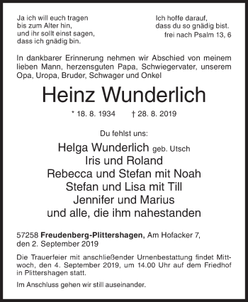Traueranzeige von Heinz Wunderlich von Siegener Zeitung