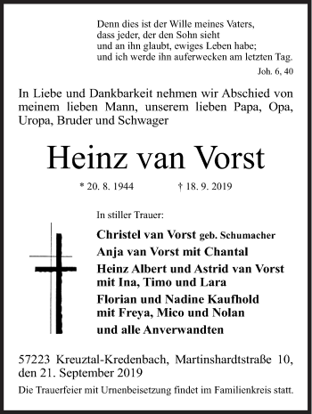 Traueranzeige von Heinz van Vorst von Siegener Zeitung
