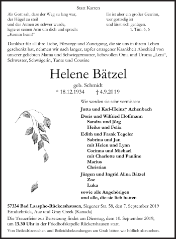 Traueranzeige von Helene Bätzel von Siegener Zeitung