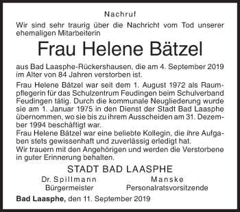 Traueranzeige von Helene Bätzel von Siegener Zeitung