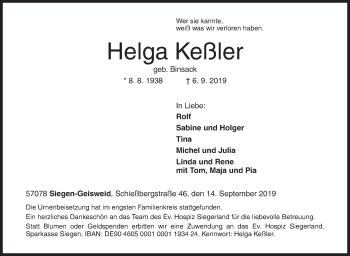 Traueranzeige von Helga Keßler von Siegener Zeitung