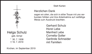 Traueranzeige von Helga Schulz von Siegener Zeitung