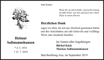 Traueranzeige von Helmut Saßmannshausen von Siegener Zeitung