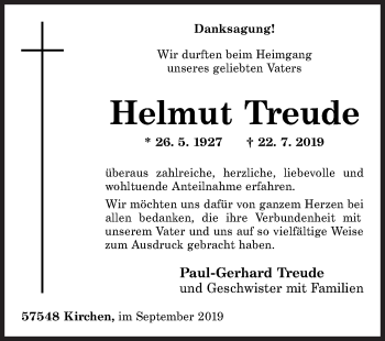 Traueranzeige von Helmut Treude von Siegener Zeitung