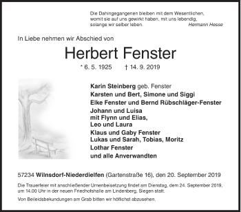 Traueranzeige von Herbert Fenster von Siegener Zeitung