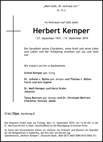 Traueranzeige von Herbert Kemper von Siegener Zeitung