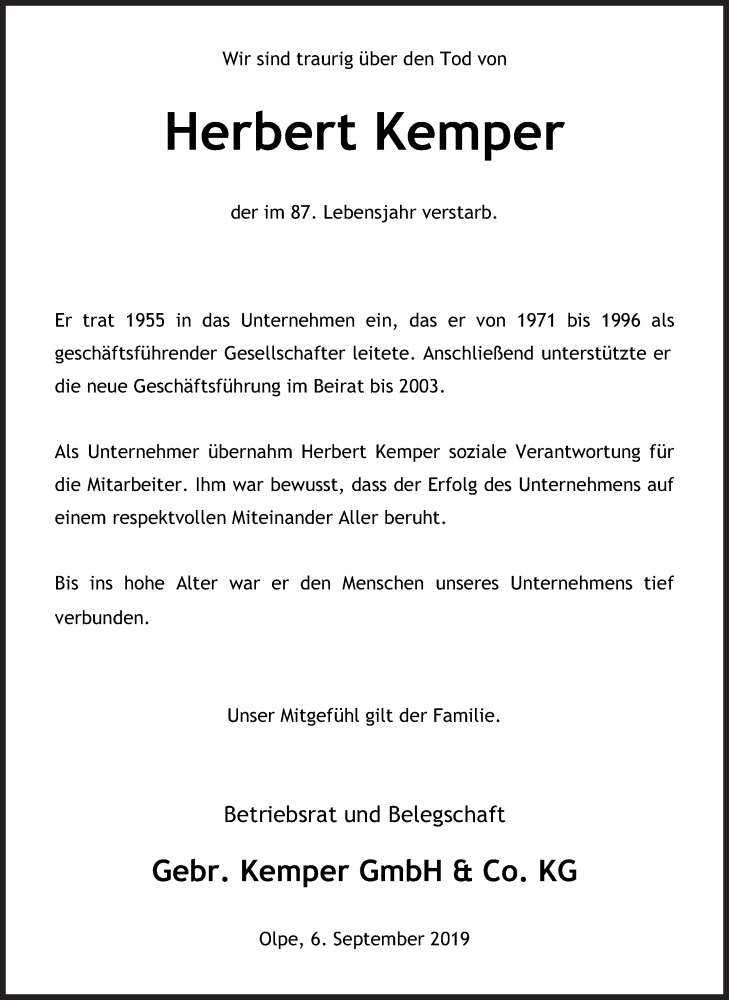  Traueranzeige für Herbert Kemper vom 09.09.2019 aus Siegener Zeitung