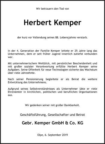 Traueranzeige von Herbert Kemper von Siegener Zeitung