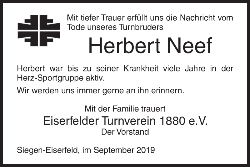  Traueranzeige für Herbert Neef vom 10.09.2019 aus Siegener Zeitung