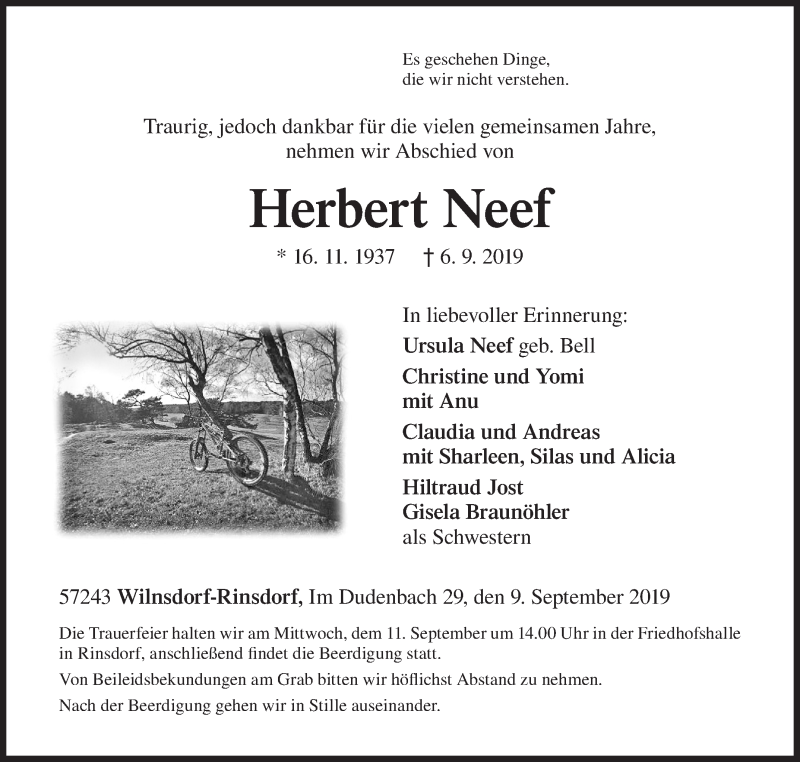  Traueranzeige für Herbert Neef vom 09.09.2019 aus Siegener Zeitung