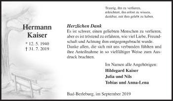 Traueranzeige von Hermann Kaiser von Siegener Zeitung