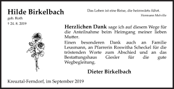 Traueranzeige von Hilde Birkelbach von Siegener Zeitung