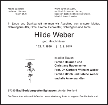 Traueranzeige von Hilde Weber von Siegener Zeitung