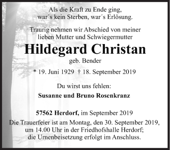 Traueranzeige von Hildegard Christan von Siegener Zeitung