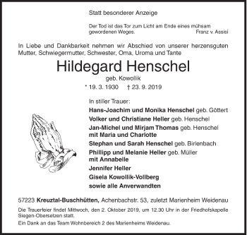 Traueranzeige von Hildegard Henschel von Siegener Zeitung