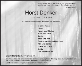 Traueranzeige von Horst Denker von Siegener Zeitung
