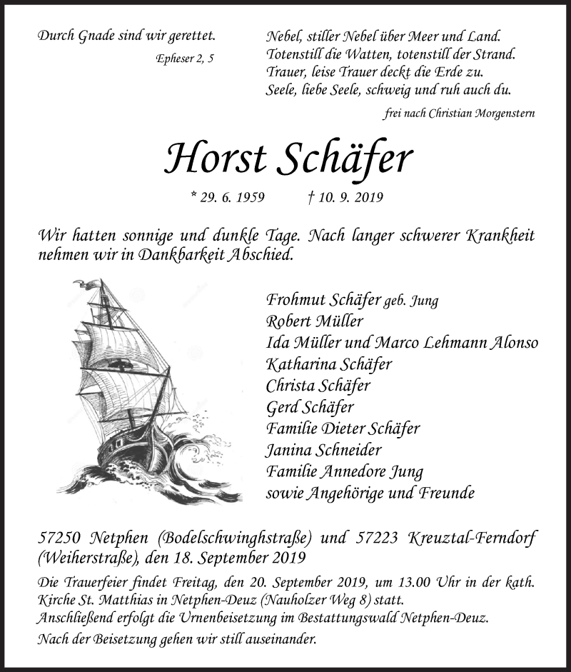  Traueranzeige für Horst Schäfer vom 18.09.2019 aus Siegener Zeitung