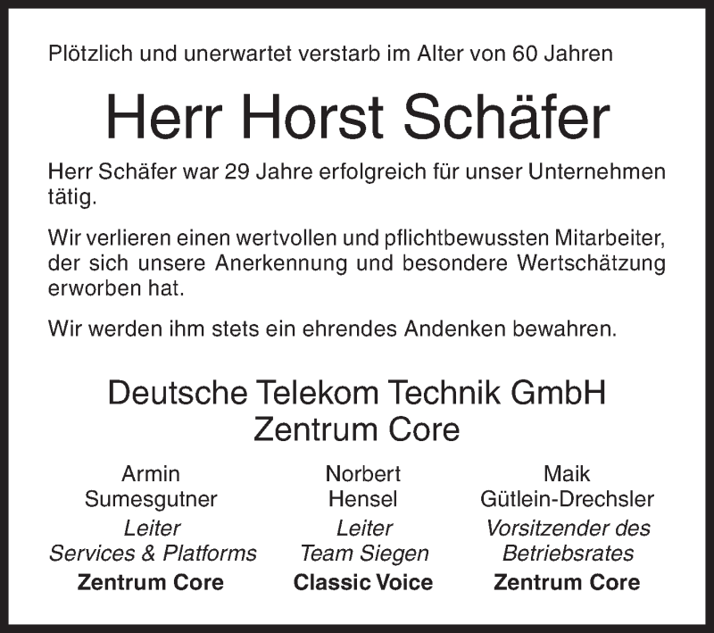  Traueranzeige für Horst Schäfer vom 18.09.2019 aus Siegener Zeitung