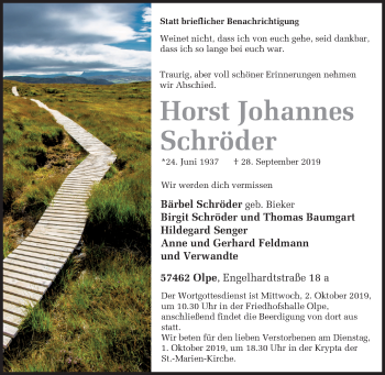Traueranzeige von Horst Johannes Schröder von Siegener Zeitung