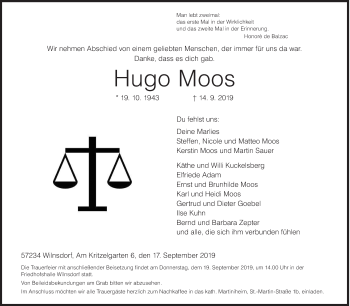 Traueranzeige von Hugo Moos von Siegener Zeitung