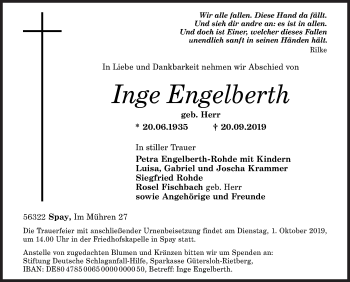 Traueranzeige von Inge Engelberth von Siegener Zeitung