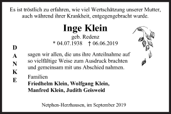 Traueranzeige von Inge Klein von Siegener Zeitung