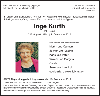 Traueranzeige von Inge Kurth von Siegener Zeitung