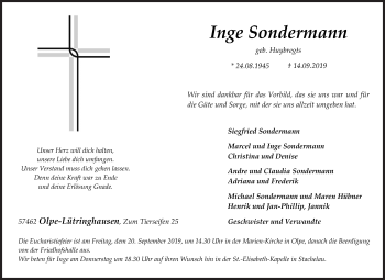 Traueranzeige von Inge Sondermann von Siegener Zeitung