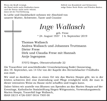 Traueranzeige von Inge Wallasch von Siegener Zeitung