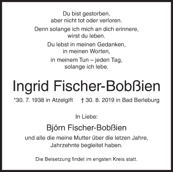 Traueranzeige von Ingrid Fischer-Bobßien von Siegener Zeitung