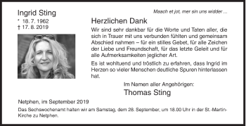 Traueranzeige von Ingrid Sting von Siegener Zeitung