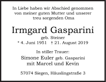 Traueranzeige von Irmgard Gasparini von Siegener Zeitung