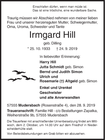 Traueranzeige von Irmgard Hill von Siegener Zeitung