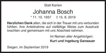 Traueranzeige von Johanna Bosch von Siegener Zeitung