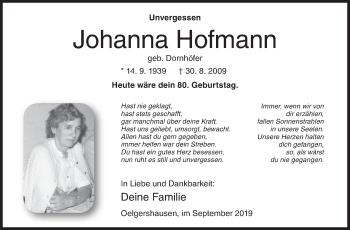 Traueranzeige von Johanna Hofmann von Siegener Zeitung