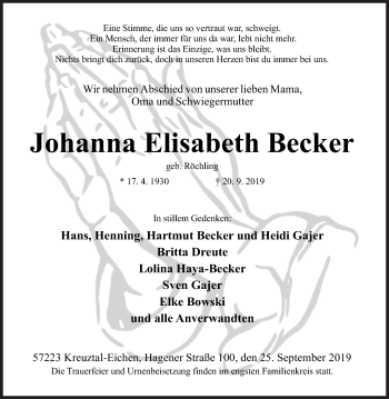 Traueranzeige von Johanna Elisabeth Becker von Siegener Zeitung