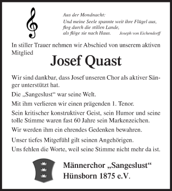 Traueranzeige von Josef Quast von Siegener Zeitung