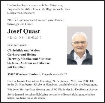 Traueranzeige von Josef Quast von Siegener Zeitung