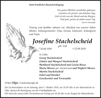 Traueranzeige von Josefine Stachelscheid von Siegener Zeitung