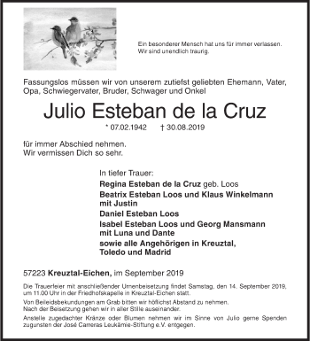 Traueranzeige von Julio Esteban de la Cruz von Siegener Zeitung