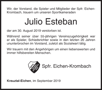 Traueranzeige von Julio Esteban de la Cruz von Siegener Zeitung