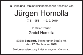 Traueranzeige von Jürgen Homolla von Siegener Zeitung
