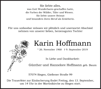 Traueranzeige von Karin Hoffmann von Siegener Zeitung