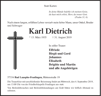 Traueranzeige von Karl Dietrich von Siegener Zeitung