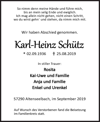 Traueranzeige von Karl-Heinz Schütz von Siegener Zeitung