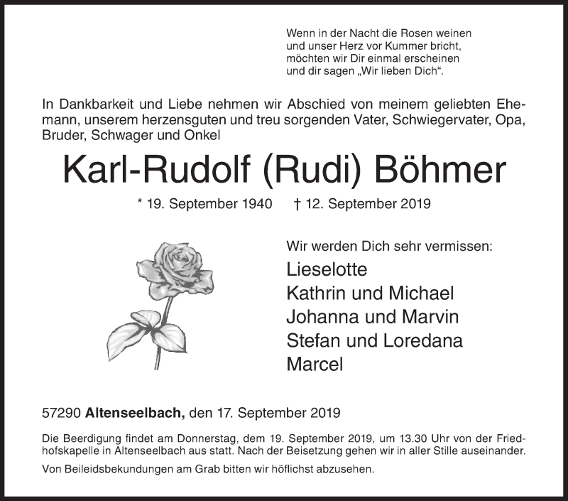  Traueranzeige für Karl-Rudolf Böhmer vom 17.09.2019 aus Siegener Zeitung