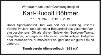 Traueranzeige von Karl-Rudolf Böhmer von Siegener Zeitung