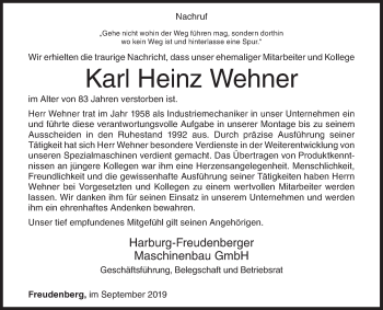 Traueranzeige von Karl Heinz Wehner von Siegener Zeitung