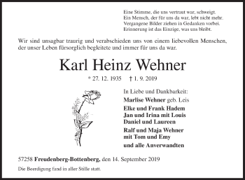 Traueranzeige von Karl Heinz Wehner von Siegener Zeitung